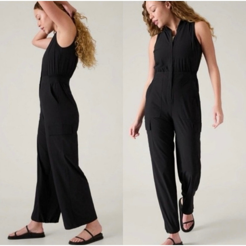 Athleta Brooklyn Utility Cargo Jumpsuit 10 Black Sleeveless Zip Front Wide Leg